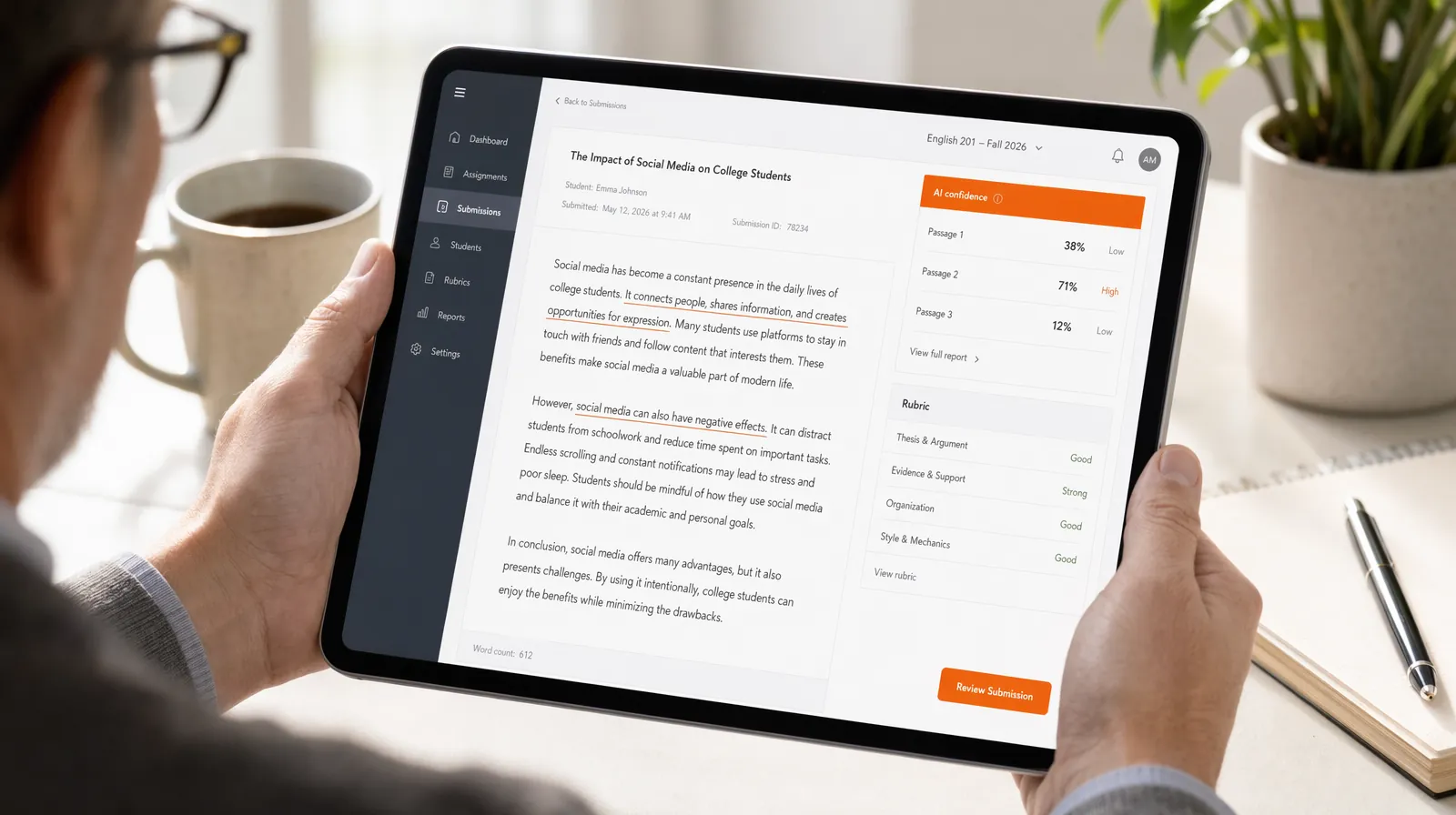 Editorial photo of an instructor reviewing the TutorFlow course authoring workspace on a tablet, with an AI detection panel showing per-passage confidence and a rubric sidebar