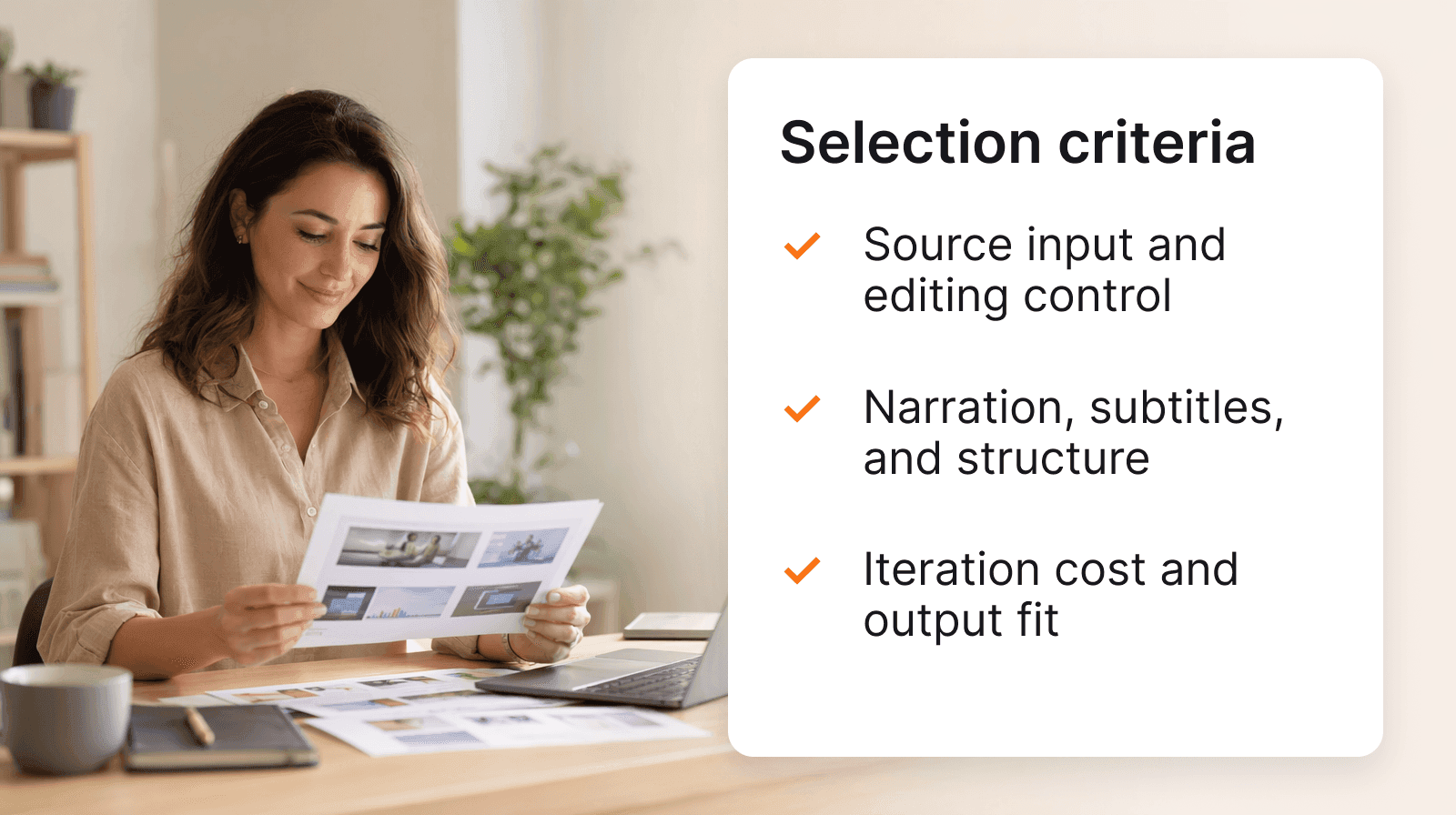 Selection criteria for an AI training video tool: source input and editing control, narration, subtitles, and structure, iteration cost and output fit