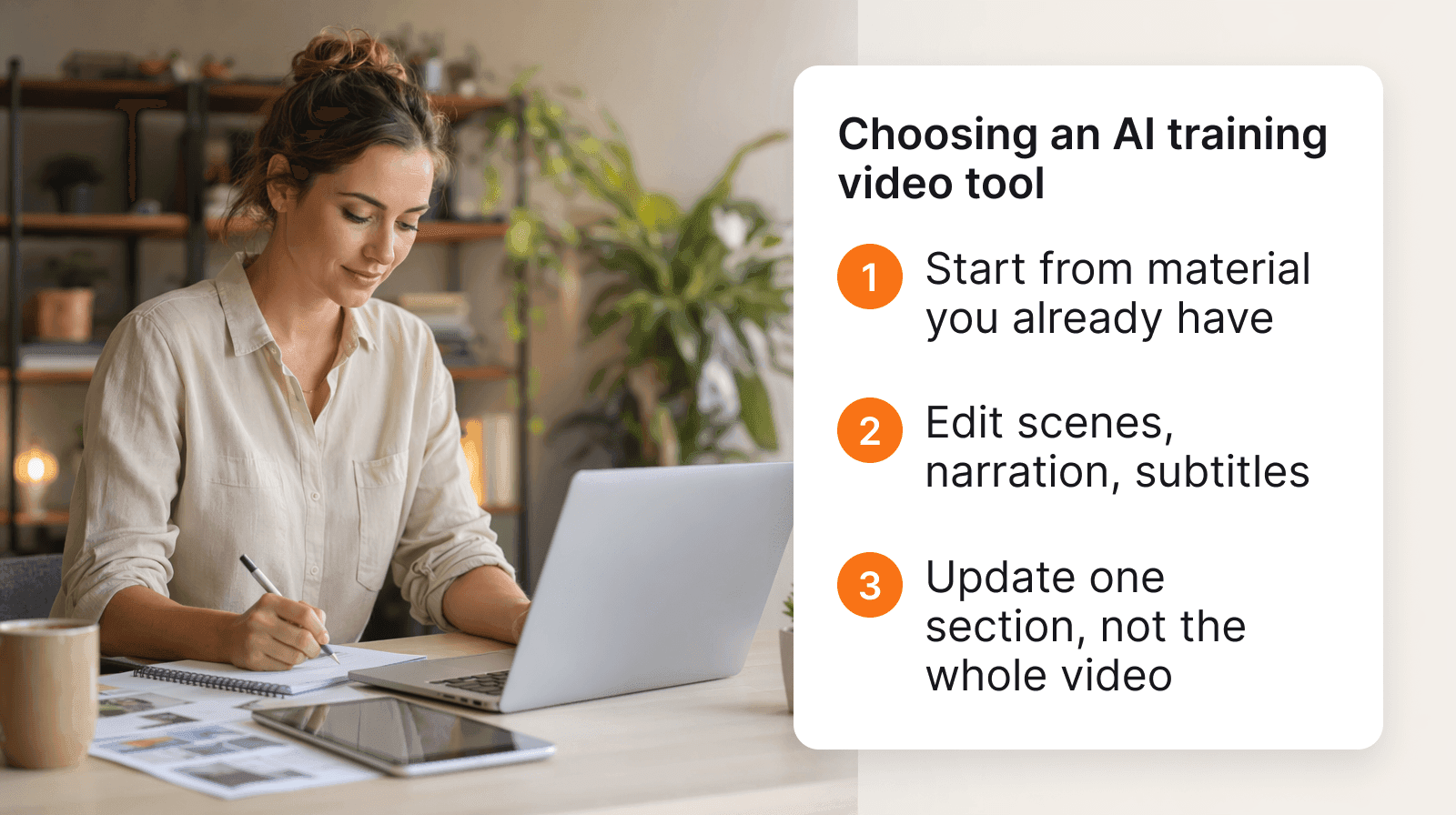 Choosing an AI training video tool: start from material you already have, edit scenes, narration, and subtitles, then update one section instead of the whole video