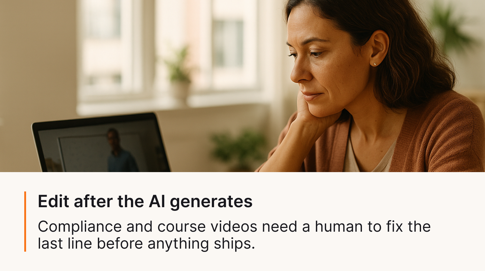 An educator reviewing an AI-generated lesson video on a laptop before publishing, checking that the wording is correct