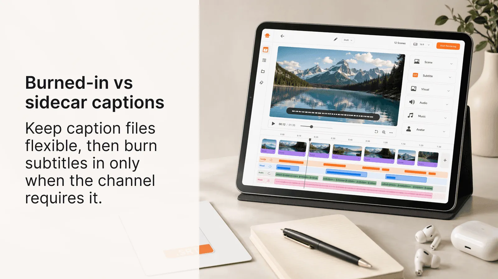 A training video caption export visual comparing burned-in subtitles with flexible sidecar caption files