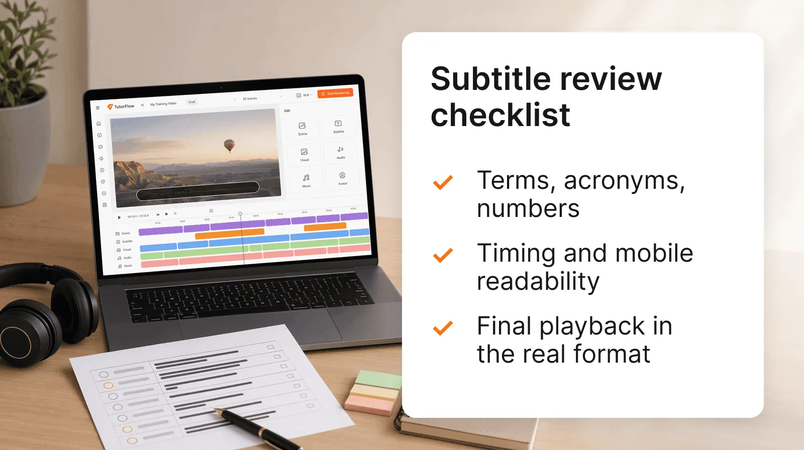 A subtitle review checklist for training videos covering terms, timing, mobile readability, and final playback in the real format