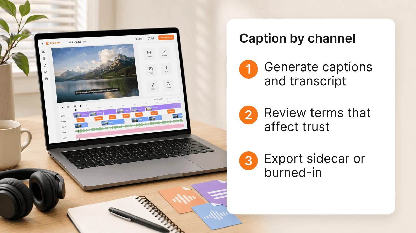 A three-step caption workflow for training videos showing caption generation, terminology review, and sidecar or burned-in export