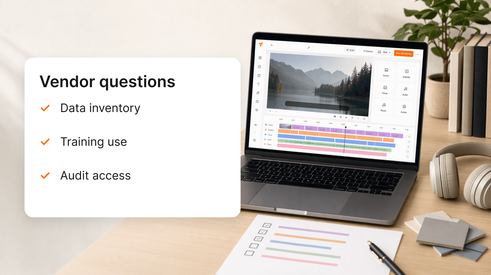 Compact vendor evidence checklist beside a university course-production workspace
