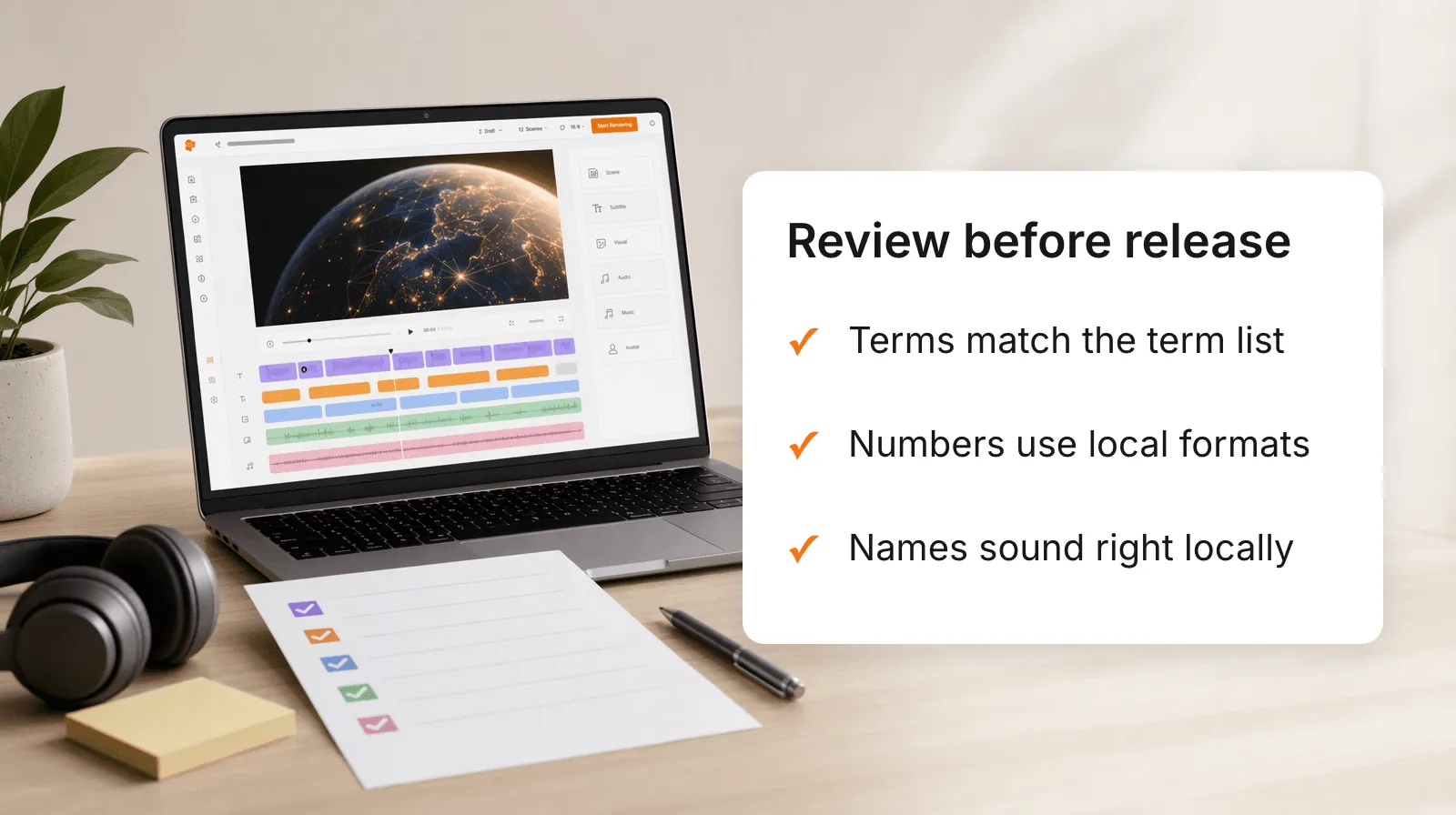 A review checklist for multilingual training videos covering terms, local number formats, and pronunciation