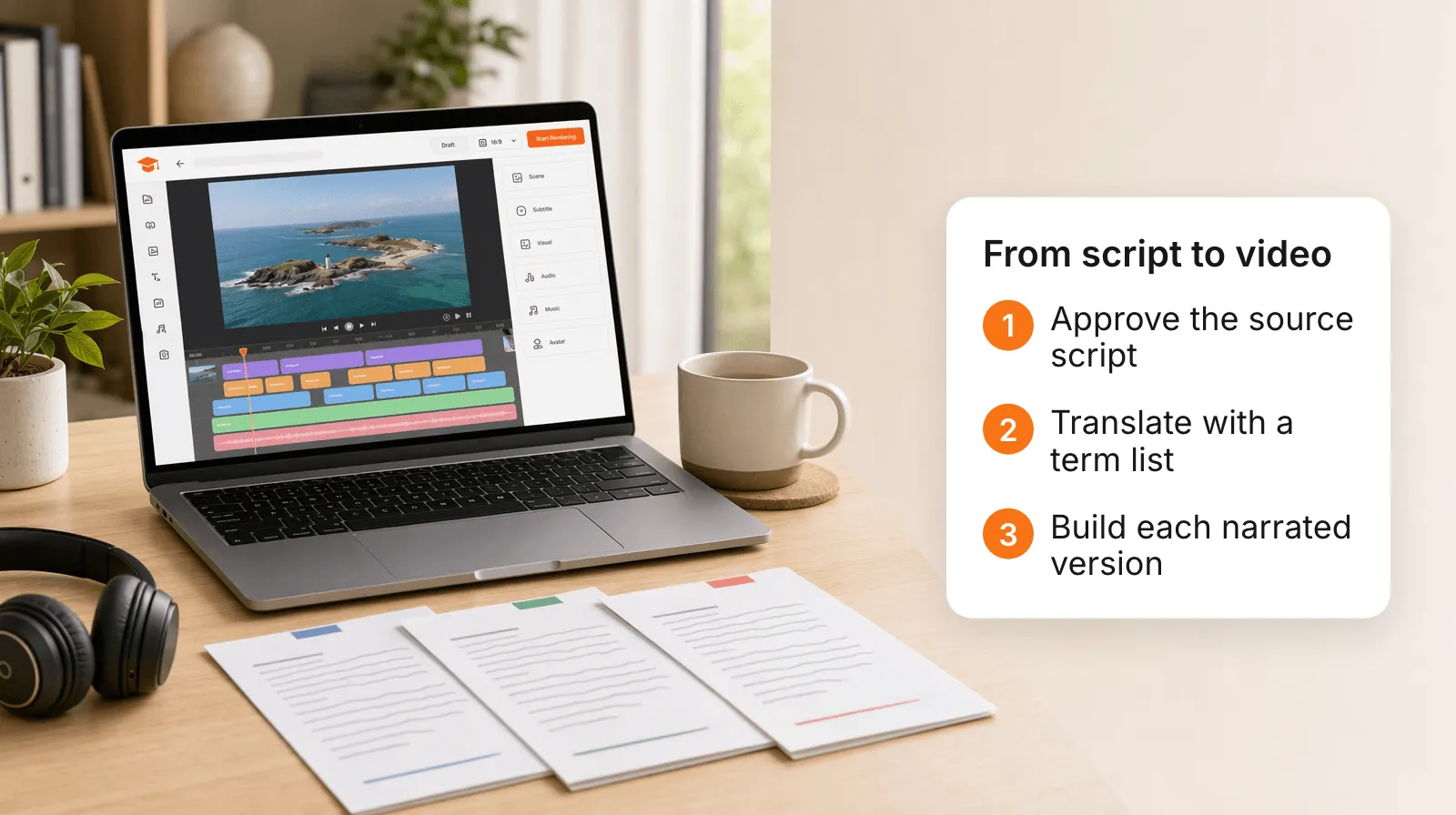 A three-step workflow for multilingual training videos: approve the source script, translate with a term list, and build each narrated version