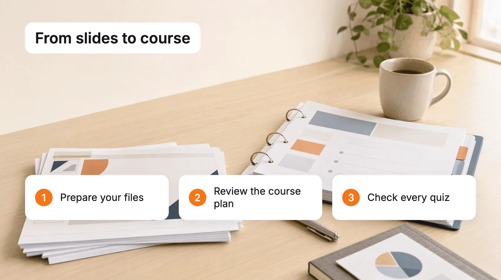 Three steps for turning existing slides into a course: prepare the files, review the course plan, and check the quizzes