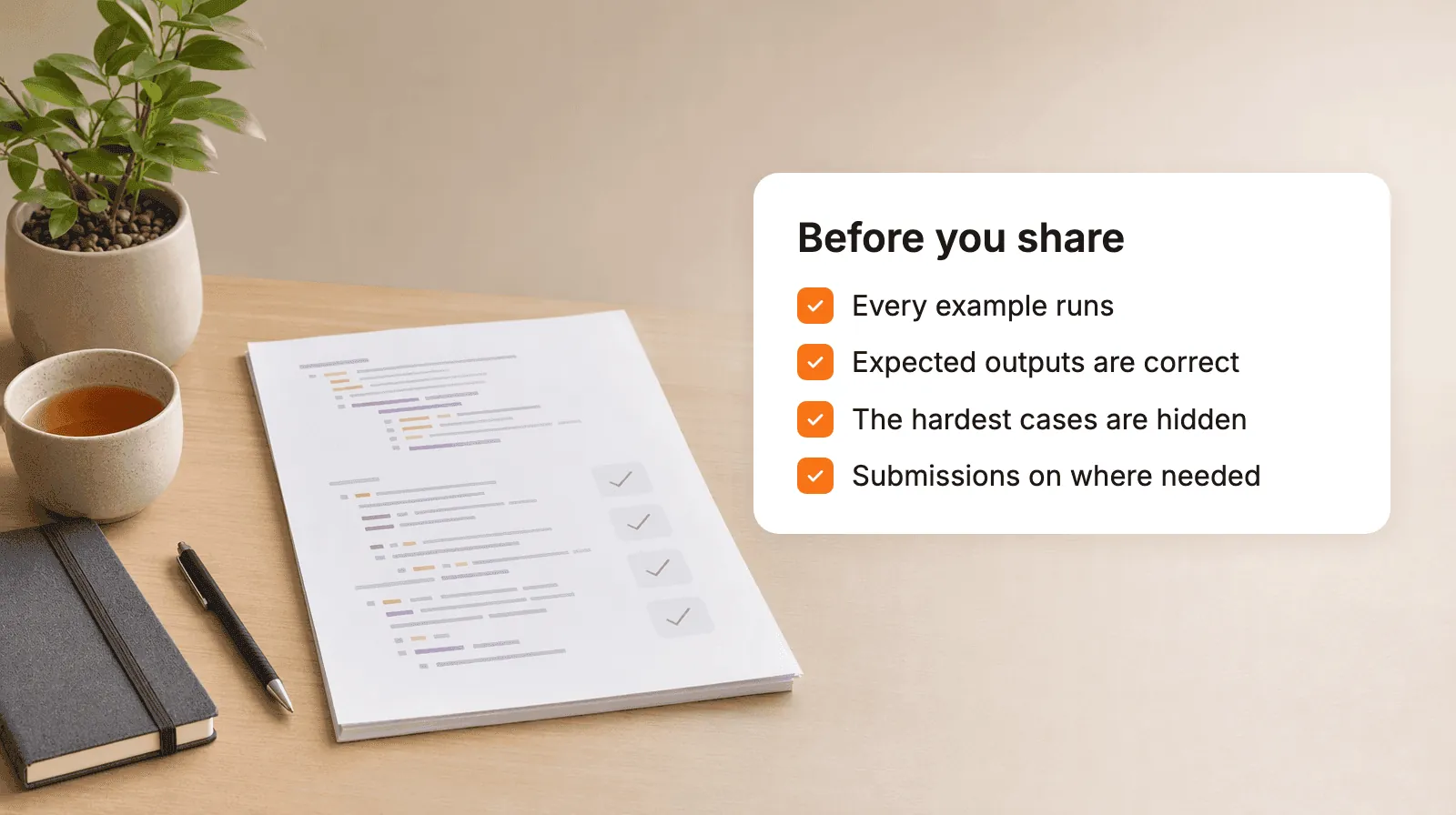Before you share: every example runs, expected outputs are correct, the hardest cases are hidden, and submissions are on where needed