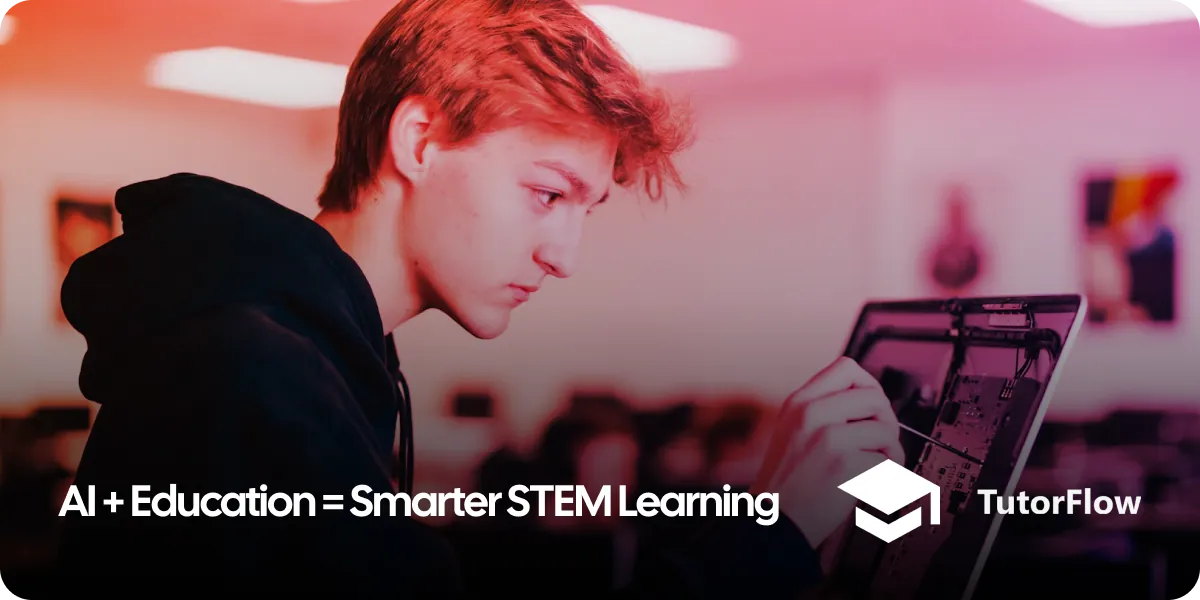 Student working on a computer with text overlay that reads: 'AI + Education = Smarter STEM Learning'