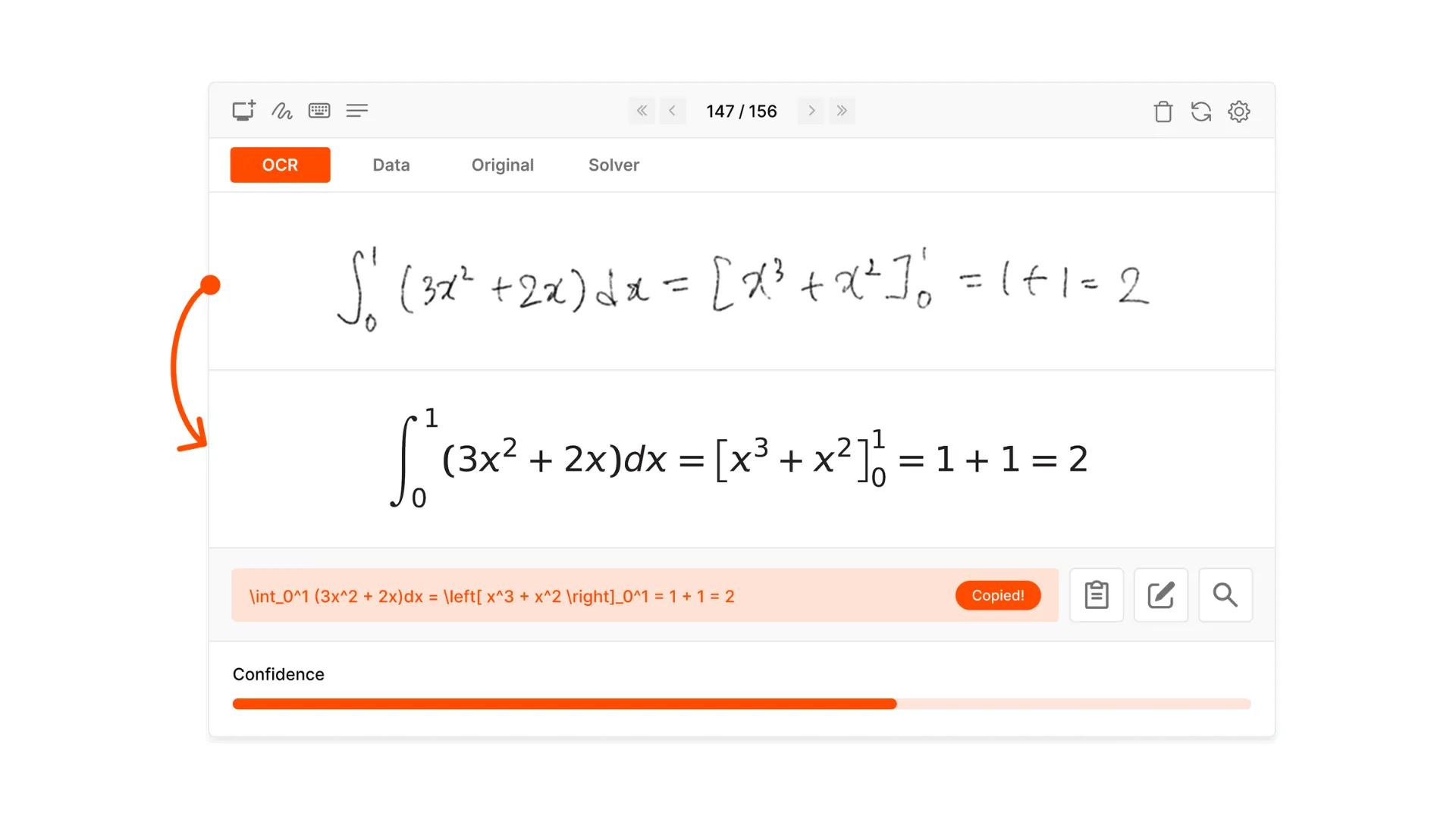 Math OCR interface converting a handwritten integral equation into clean, editable digital math with automated interpretation